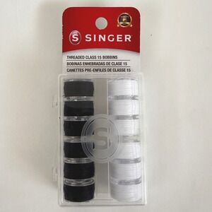 New Singer Threaded Class 15 Bobbins Black and White 12‎ Count Polyester 42145